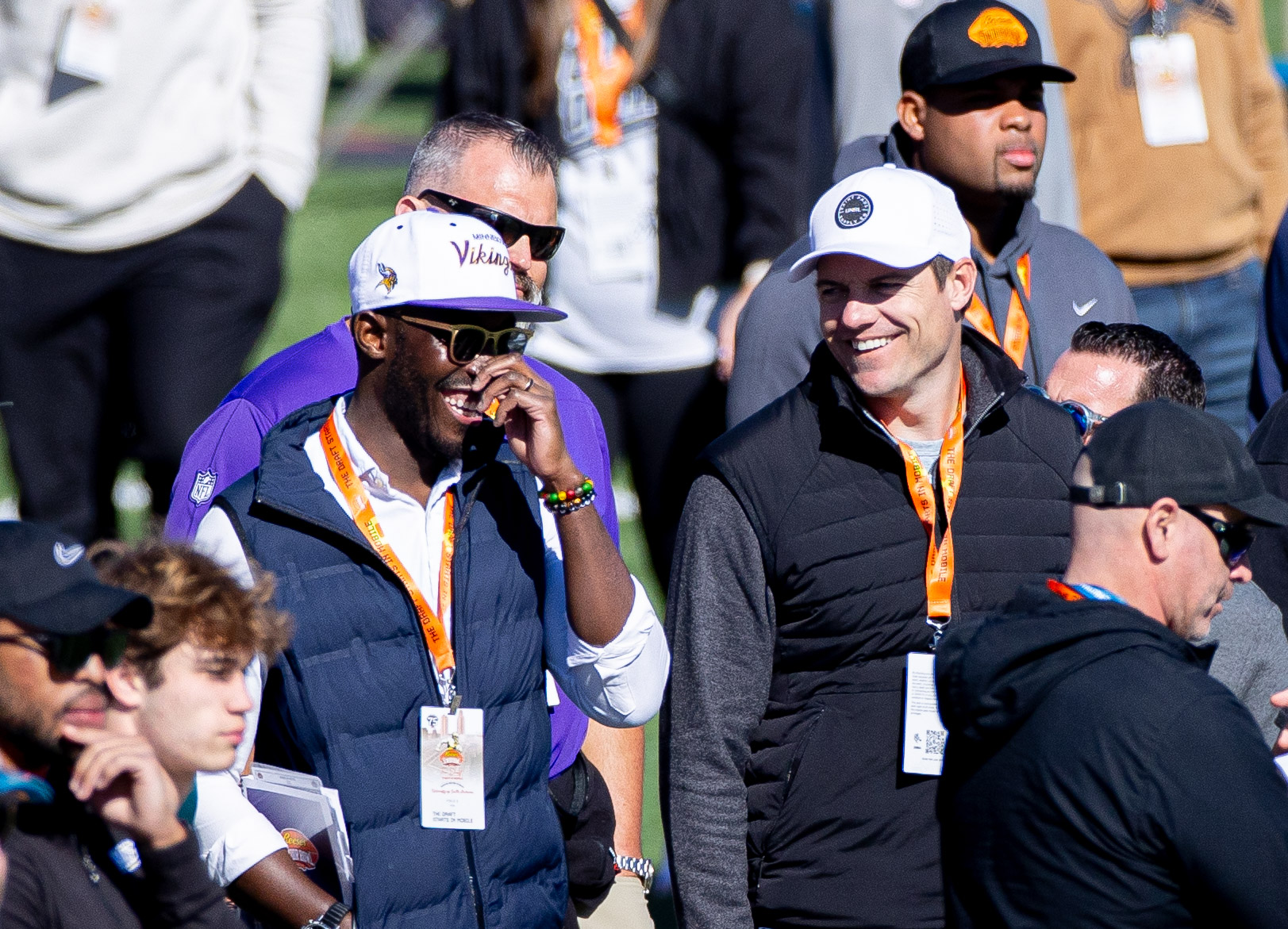 Kwesi Adofo-Mensah and Kevin O'Connell at the 2024 Senior Bowl in Mobile, Alabama.